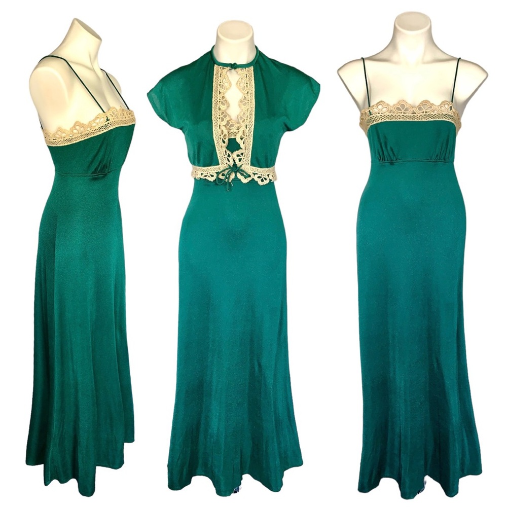 v i n t a g e :: Rare Unique Maxi Dress Gown Crochet Trim with Shrug